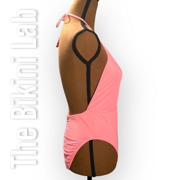 The Bikini Lab Rack Solid Plunge Shirred Booty One-Piece Halter Women’s Medium - Picture 3 of 12